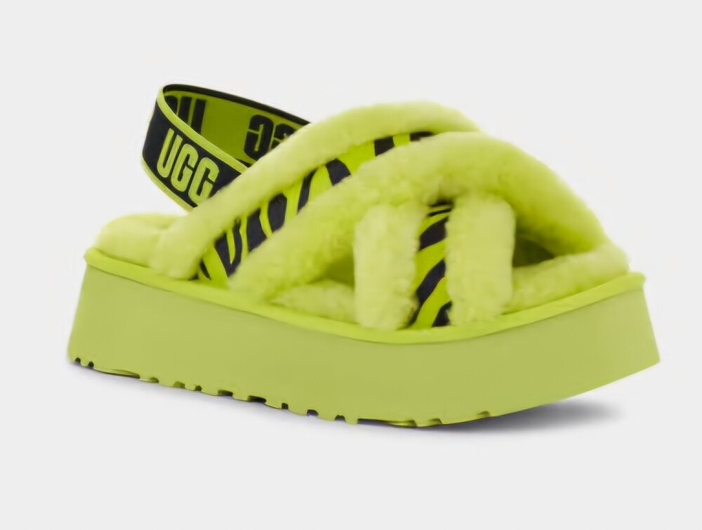 UGG Disco Cross Slide Animalia  Sheepskin Calf Suede Lime Animal 1128213 Size 7